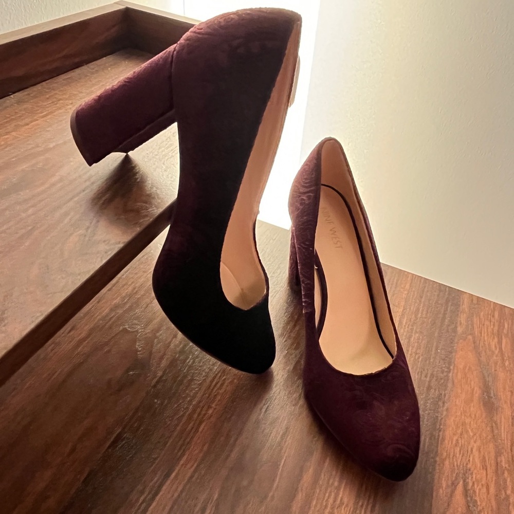 Nine West Plum-Colored Block Heels with matching Vince Camuto Dress